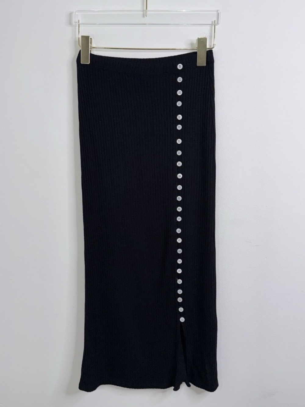 Reformation Alberta Midi Skirt Black Straight Pencil Ribbed Size XS Buttons